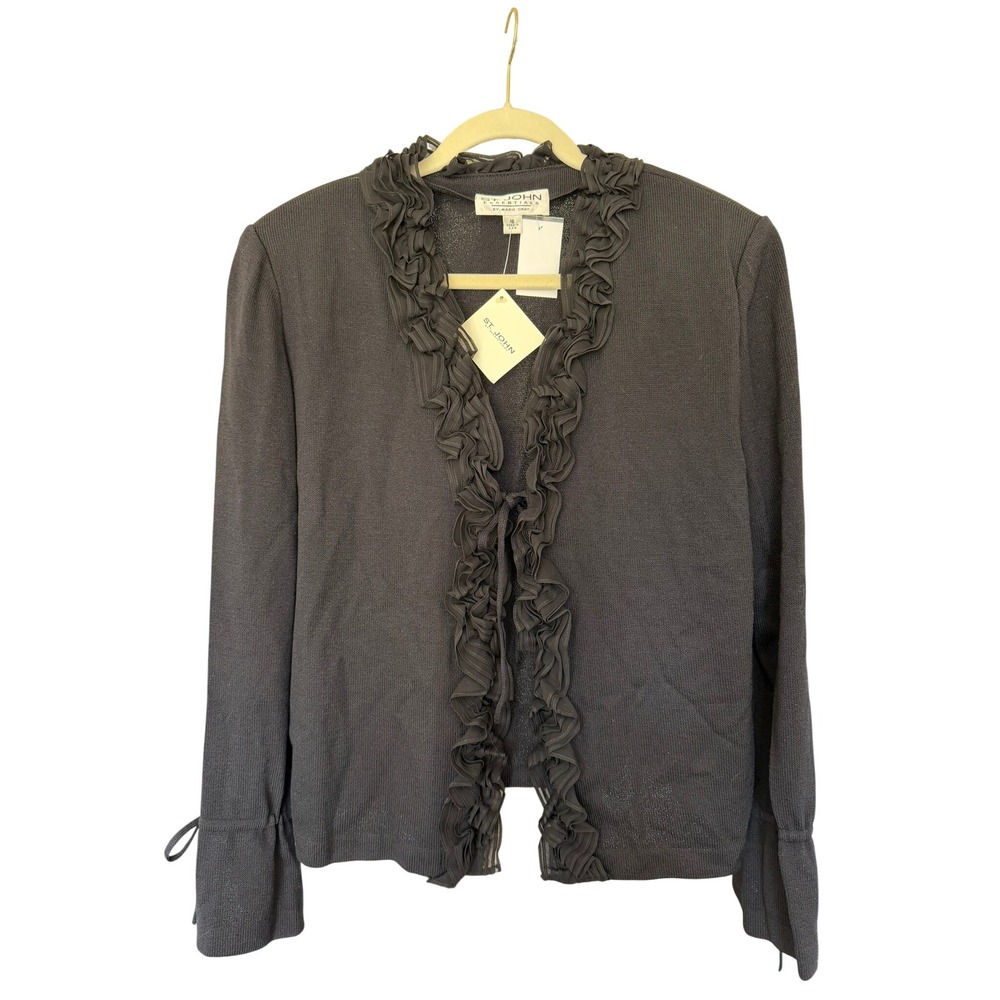 St. John Essentials Cardigan 16 Black NEW Ruffle Wool Blend Coquette Luxury